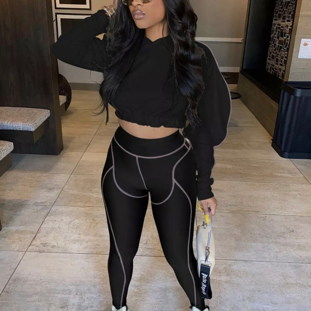 Hooded Crop Top Pant Set Black Activewear Lightweight Boutique Statement